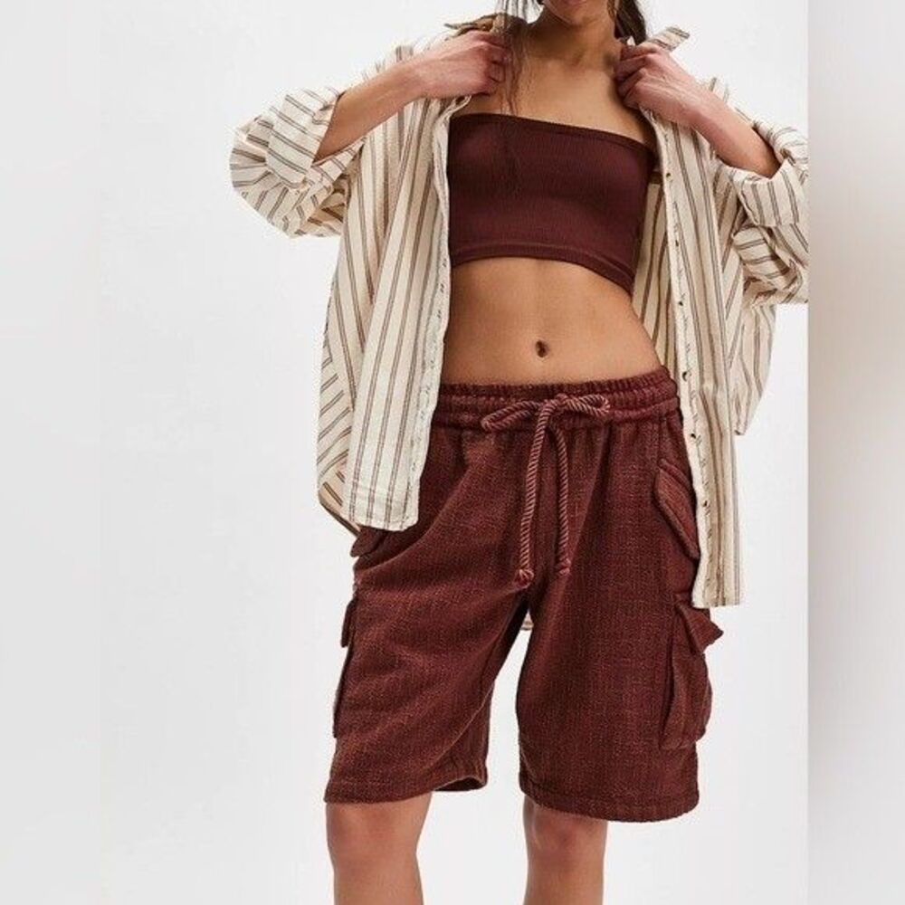 Free People Brown Textured Cargo Jean Shorts